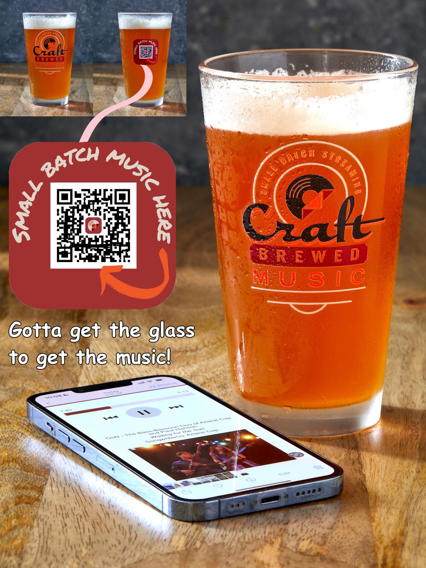 Music Discovery App Pint Glass with QR code